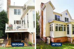Back of NW, Washington, D.C. home before and after elevator addition